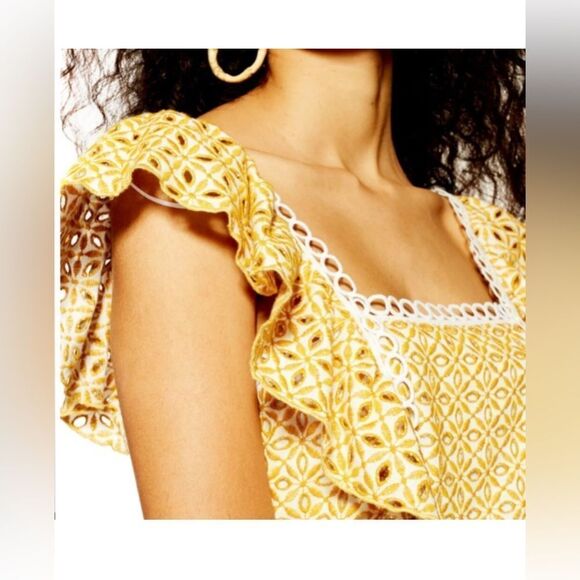 Topshop Broderie Eyelet Ruffle Minidress In Mustard Yellow Size 4 - Picture 2 of 4
